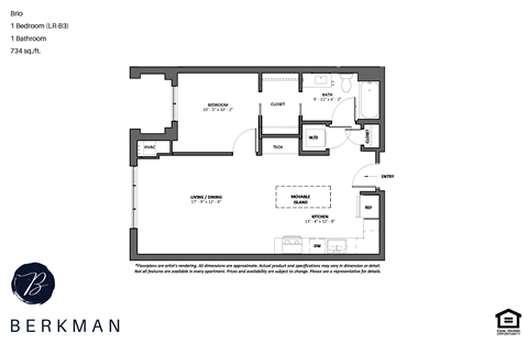 Floor plan for 1 bed, 1 bath, 665 sqft